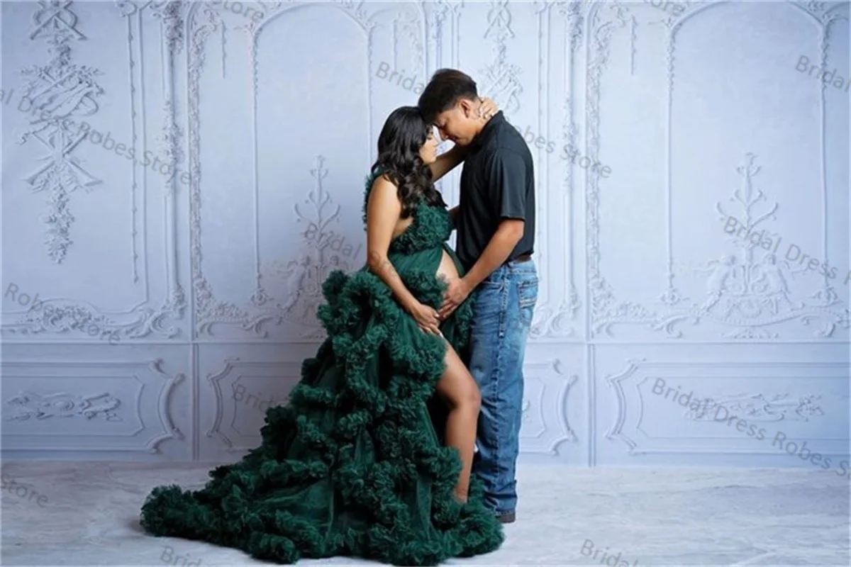 

Green Women Maternity Dress for Photo Shoot Bridal Ruffles Tiered Tulle Sleeveless Robe Wedding Pregnant Prom Skirt Customized