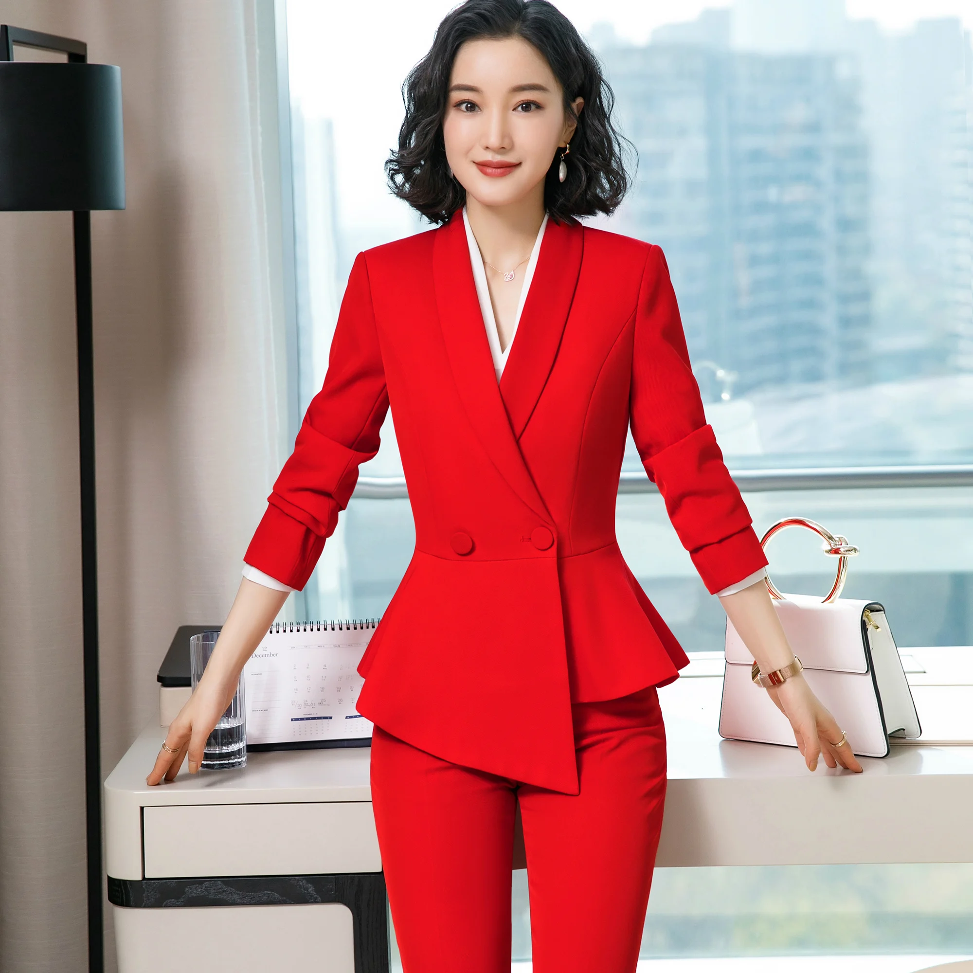 

Women Blazer Coat 2020 Big Brand Notched Neck Irregular Hem Slim Pants Suit Office Lady Elegant Fashion Casual Business Suits