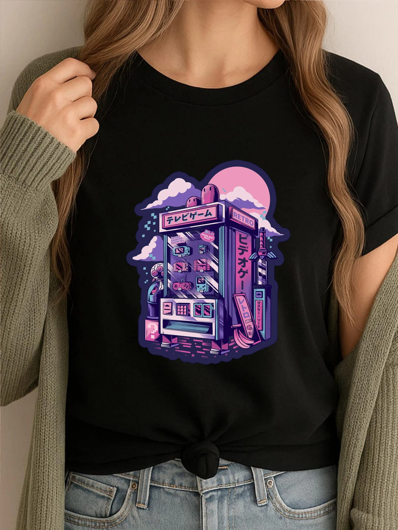 الرجعية آلة الألعاب الأسود الجرافيك تي شيرت ملابس حريمي مجنون مضحك قميص الإناث مريحة مطبوعة التي شيرت اليابان نمط