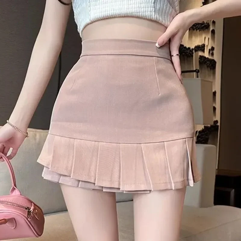 

Korean Pleated Bandage Mini Skirt Woman Spring Summer Casual Solid Color High Waist A-Line Skirt Wild Suit Short Skirts Women