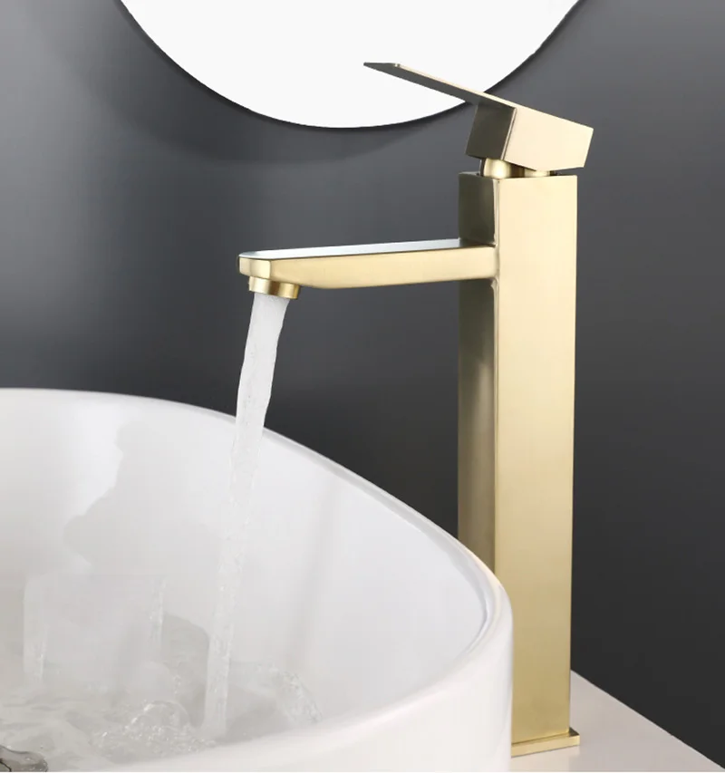 

Brushed Gold Square Bathroom Basin Faucet Single Handle One Hole Deck Mounted Vanity Sink Tap Stainless Steel Hot Cold Mixer Tap