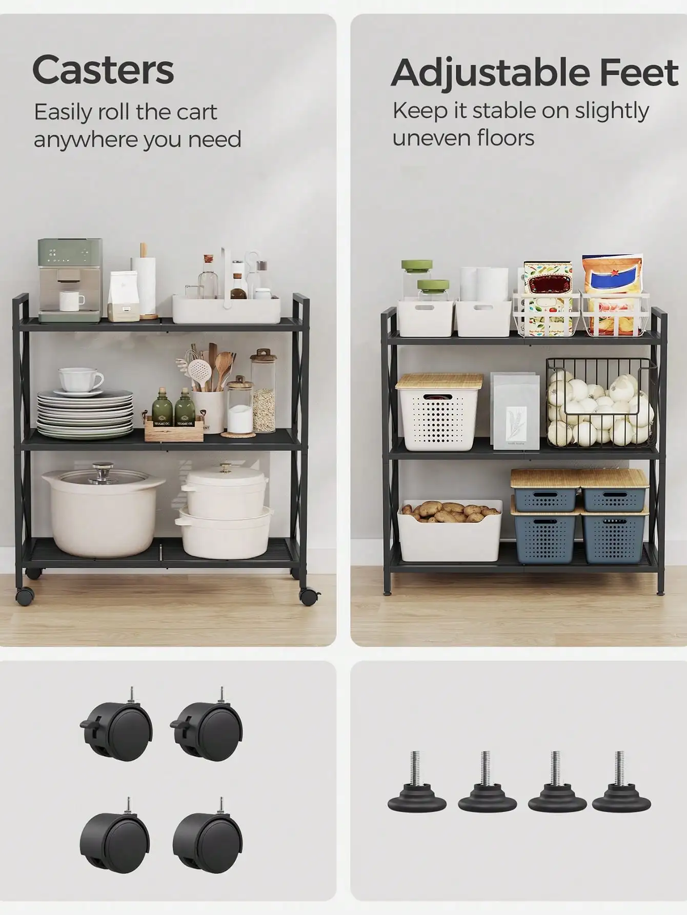 SONGMICS 3-Tier Metal Storage Rack With Wheels, Mesh Shelving Unit With X Side Frames, 31.5-Inch Width, For Entryway, Kitchen