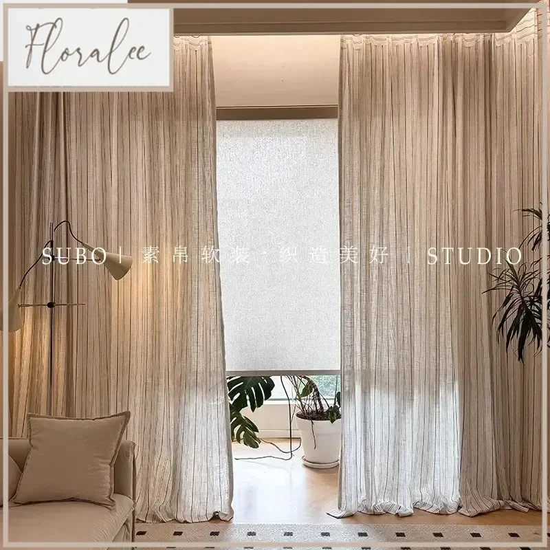 

New Blue Striped Linen Window Screen Cotton And Linen Gauze Curtains For Living Room Bedroom Balcony Bay Window Customization