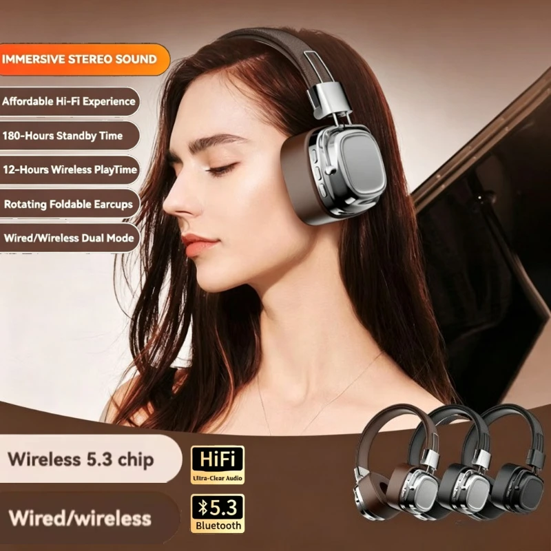 Retro Head-mounted Bluetooth Earphones Over Ear 5.3 Foldable Wireless Headsets with Microphone Suitable for Games Sports Music