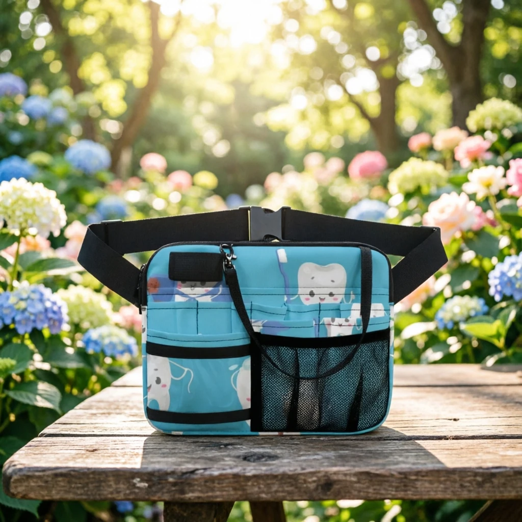 multi-pocket-dental-nurse-fanny-pack-coral-pink-tooth-print-medical-organizer-waterproof-waist-bag-for-dentists-clinical-use