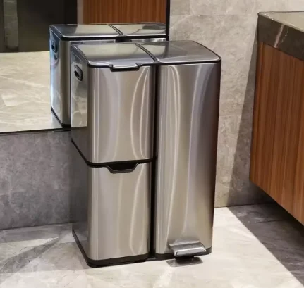 Rectangular 3 Compartment Stainless Steel Recycling Trash Can Slow Close