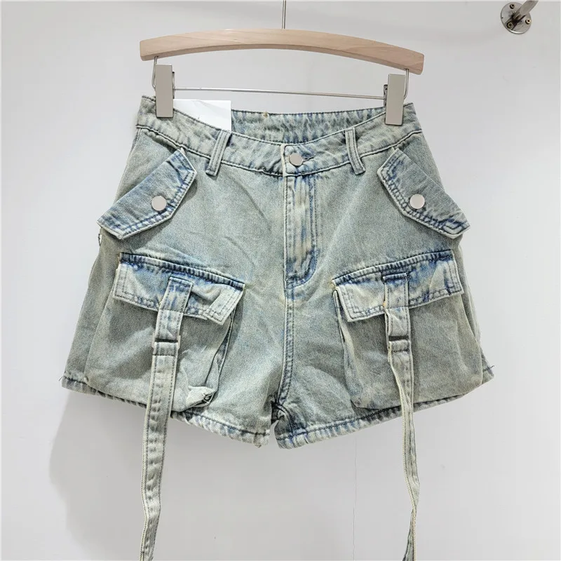 Hot Girl Style Lace-up Denim Shorts for Women 2024 Spring and Summer New Retro Casual Slimming Sheath Denim Booty Shorts Female