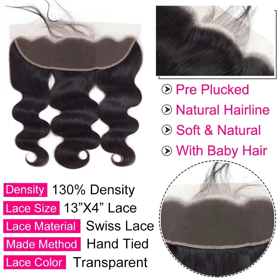 BAHW Hair Malaysia Body Wave Bundles con frontale 13x4 Body Wave Human Hair 3/4 Bundles con frontale in pizzo trasparente 13x4