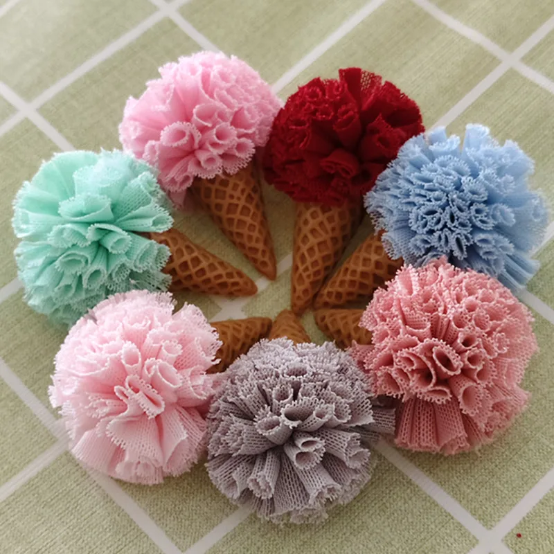 Cute Chiffon Floral Balls Decorated Ice Cream Patch Sticker Garment Ornament Accessories Craft Hair Clip Headband 30pcs 55*35mm