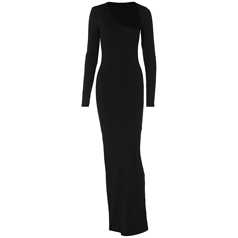 Sexy, schlankes, figurbetontes Kleid, langärmelig, asymmetrischer Kragen, Kleid mit Rückenausschnitt und hohem Schlitz, elegantes, figurbetontes Partykleid