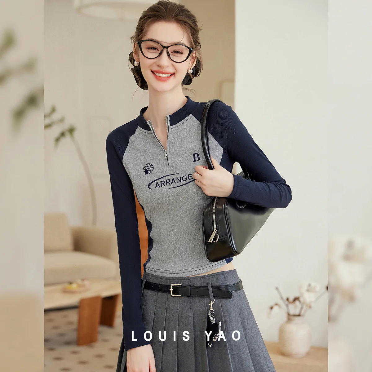 

LOUIS YAO Contrasting Color Embroidered Women's Tees 2025 Autumn Tops Micro Elastic Splicing Zipper Long Sleeve T-shirt