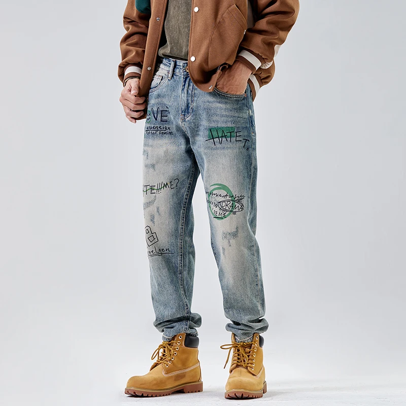 American street retro graffiti washed vintage jeans for men spring and summer straight leg long pants for men harem pants