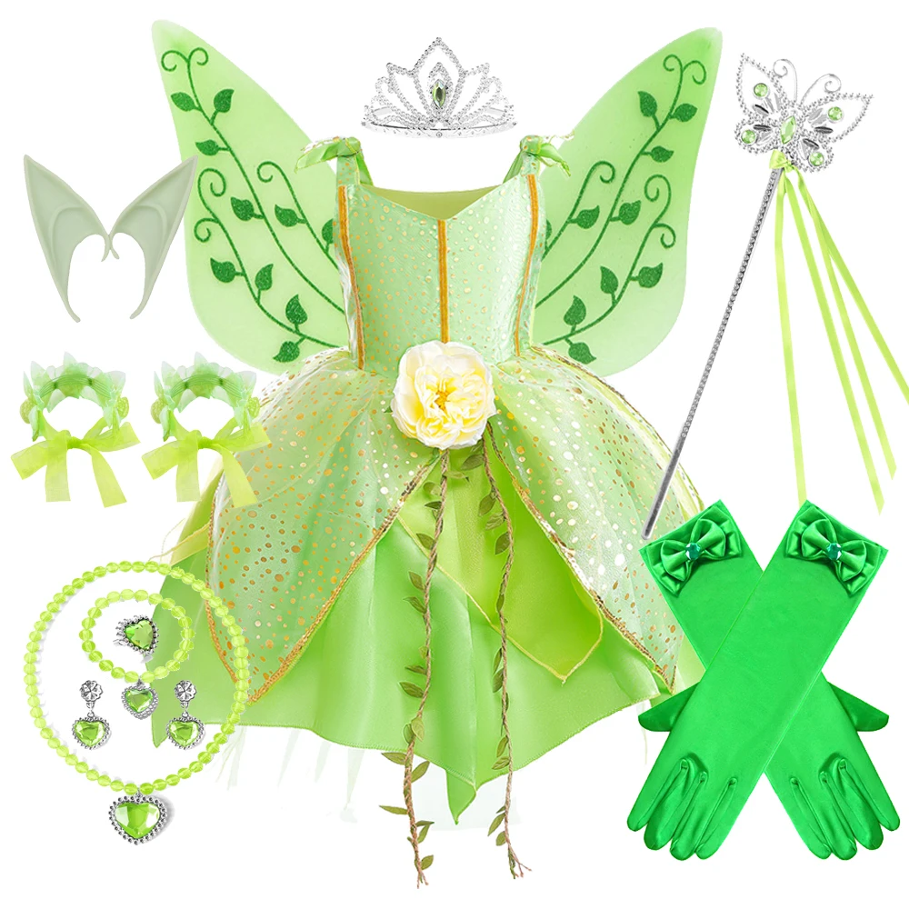 

Girls Cosplay Flower Fairy Dress Up Princess Kids Costume Green Fancy Dresses With Wings Tinkerbell Carnival Halloween Party