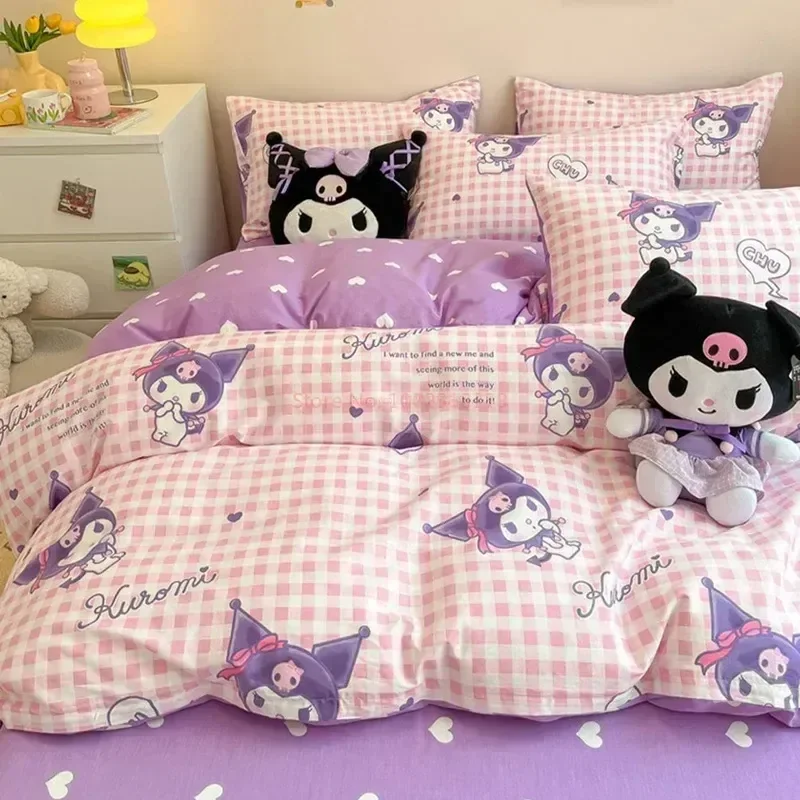 Sanrio Bedding Set 100%Cotton Kuromi Cinnamoroll Hello Kitty My Melody Duvet Cover Bed Sheet Pillowcase Girl Heart Home Gift