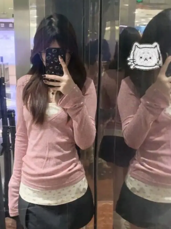 Kimotimo Fake Two Piece Lace Patchwork Floral T-shirts Women Autumn New Long Sleeve Slim Base Tops Y2k Aesthetic Sweet Chic Tees