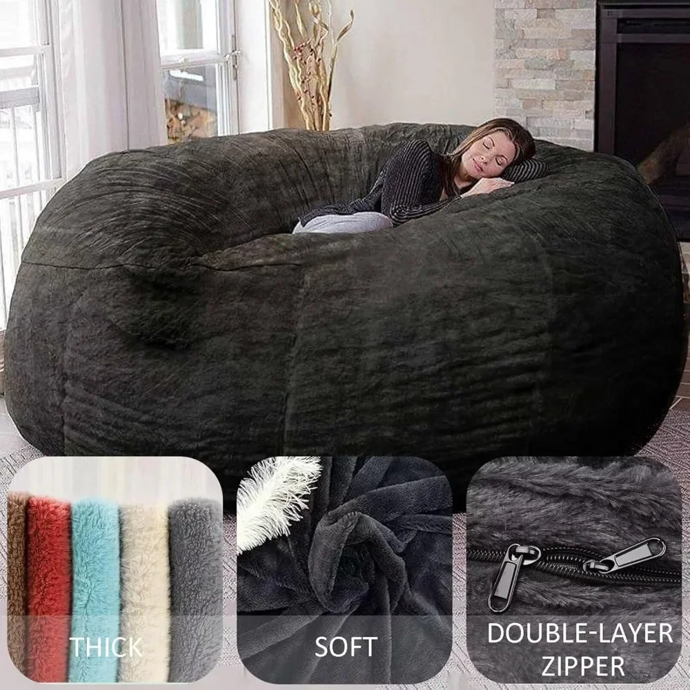 6FT Bean Bag Chair for Adults without Filler Giant Stuffed Animal Storage Cover Soft Faux Fur Floor Cover for Living Room, Grey