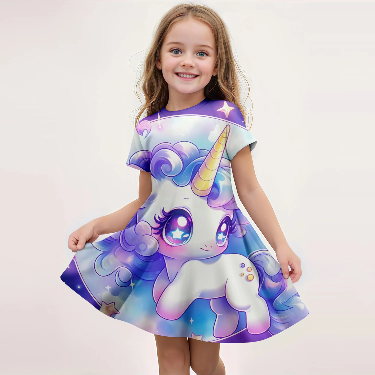 2024miniso Children's Short-Sleeved Dress New Unicorn Girl 3d Printed Girl Skirt Kids Summer Cool And Breathable Clothing