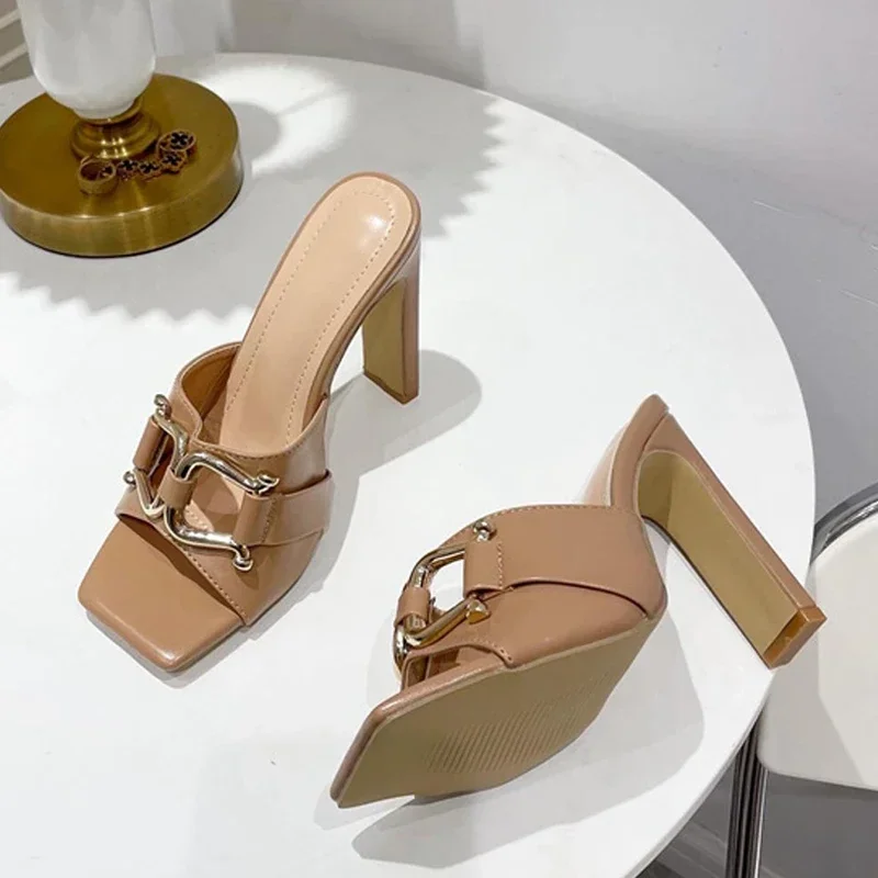 New Blue Denim Slippers Women Outdoor Mules High Heels Fashion Metal Buckle Designer Sandals Square Toe Ladies Shoes Size 35-41