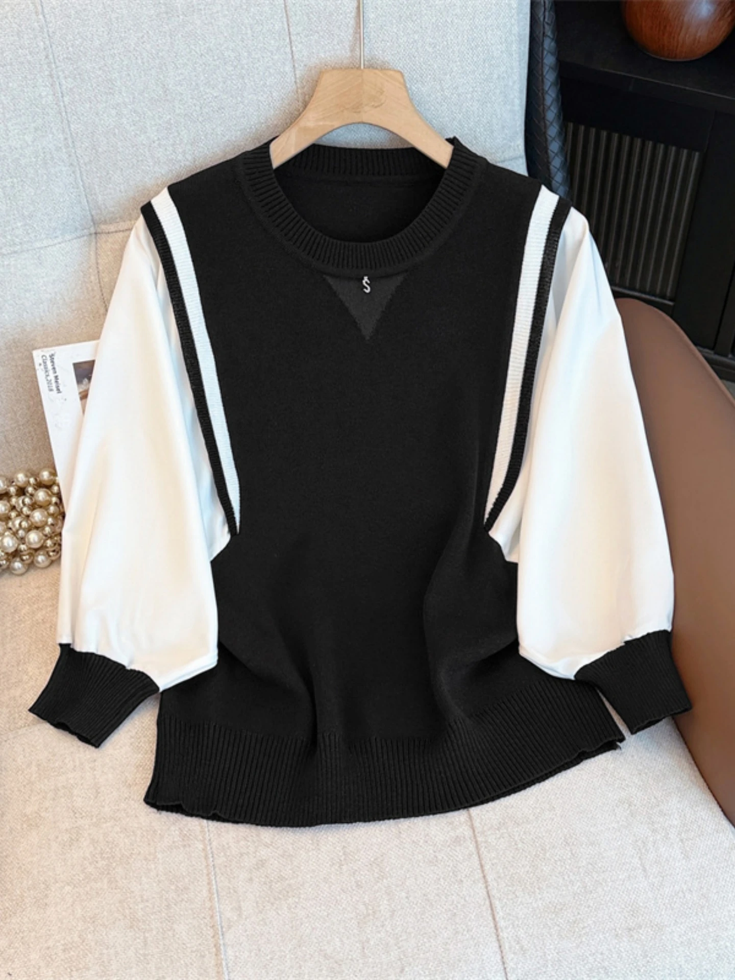 

Fashionable Splice Long Sleeve Knitted Base Shirt Women's Spring Autumn plus Size Slimming Design Korean Style Loose Fit Top