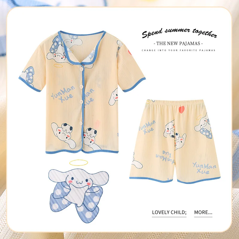 Kawaii Sanrio Children Summer Short Sleeved Shorts Anime Cartoon Kuromi Cinnamoroll Pajama Set Cool Nightgown Girl Home Wear