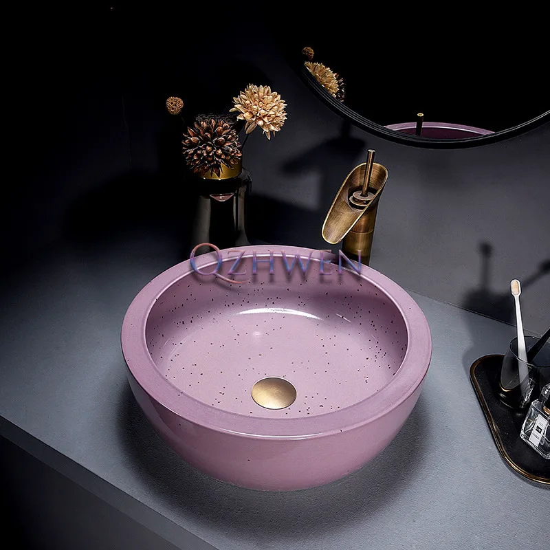 41cm Luxury Purple Ceramic Washbasin Round Bathroom Sink Balcony Chinese Style Washroom Countertop Art Basin with Faucet Sets