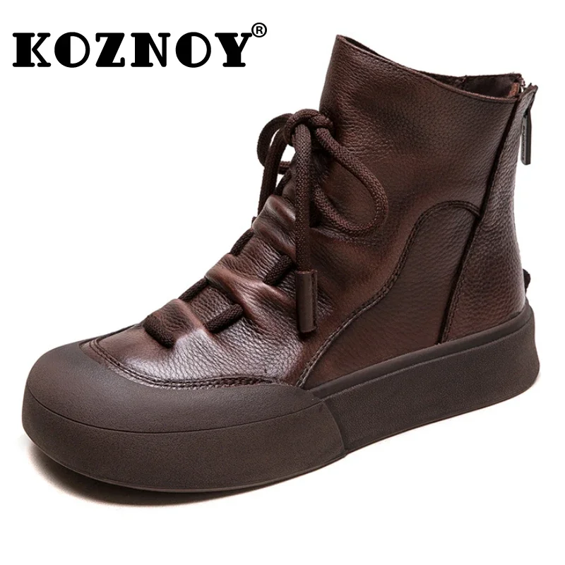 

Koznoy 3cm New Cow Genuine Leather Ankle Booties Women Autumn Ankle Boot Flats Spring Thick Sole Motorcycle Platform Wedge Shoes