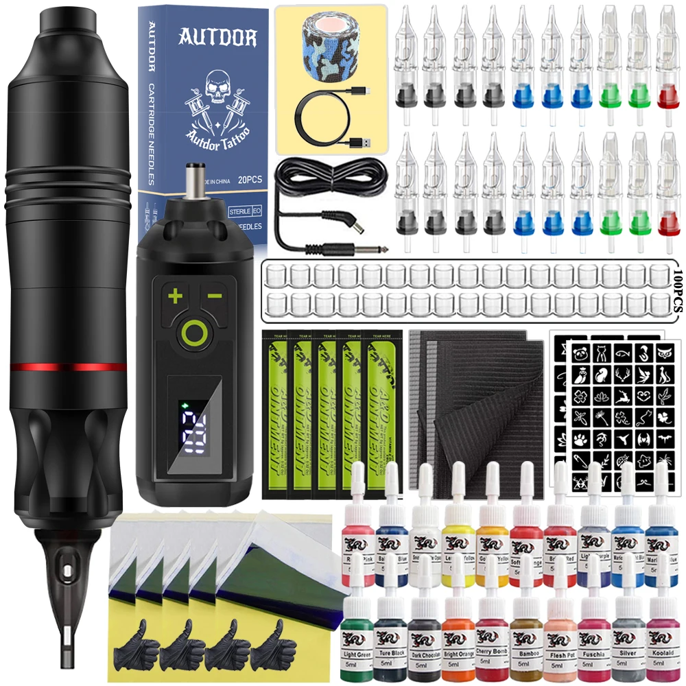 Wireless Tattoo Pen Machine Kit Cartridge Tattoo Machine Set with Tattoo Power Supply Needles Inks for Tattoo Beginner