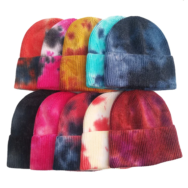 Knitted Tie Dye Beanies Hats Plain Cuff Beanie Knit Ski Casual Skull Warm Solid Color Winter Blank Headwear Bonnets