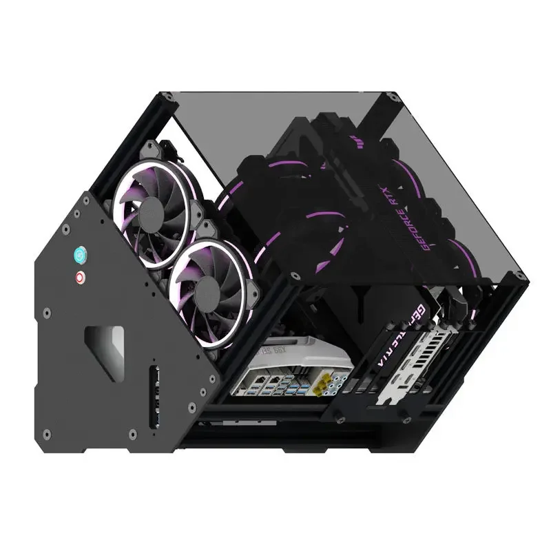 45° Open Tilt PC Case Aluminum Frame Semi‑Transparent Acrylic Water‑Cooling Rack Bottom Cable Outlet for ATX MATX ITX Desktop