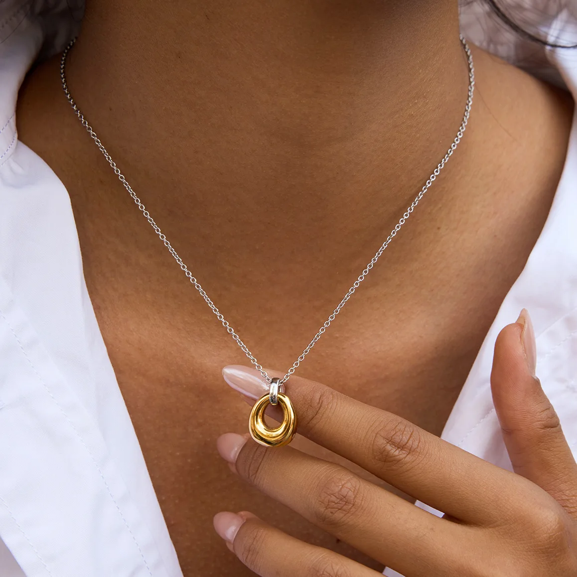 316 Stainless Steel Thin O Chain Two-Tone Dual Loop Solid Fluid Oval Pendant Choker Gold Silver Minimal Art Adjustable Unique Da