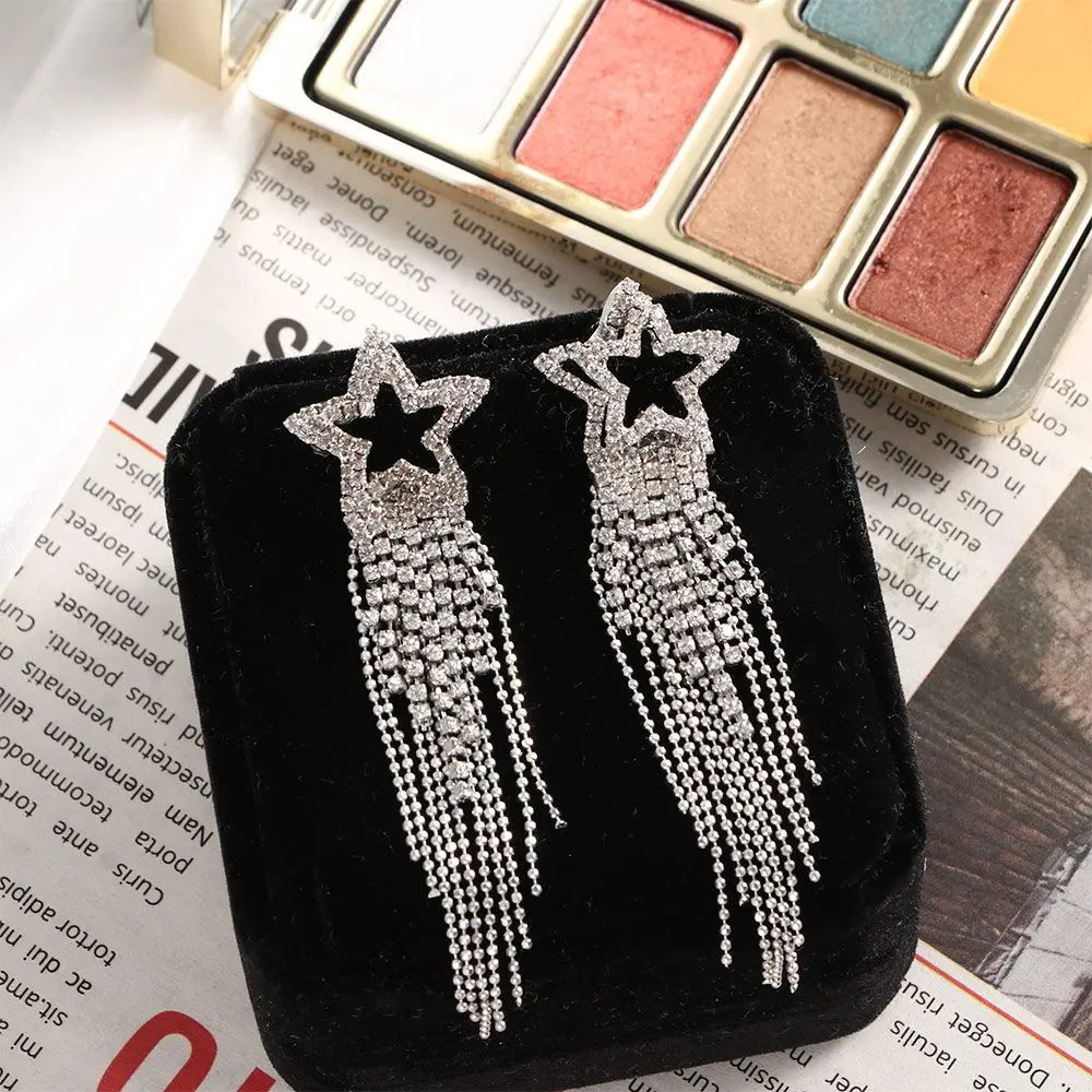 여성을위한 긴 프린지 패션 술 선물 골드 실버 컬러 크리스탈 스타 쥬얼리 드롭 귀걸이 댕글 귀걸이 스터드 귀걸이