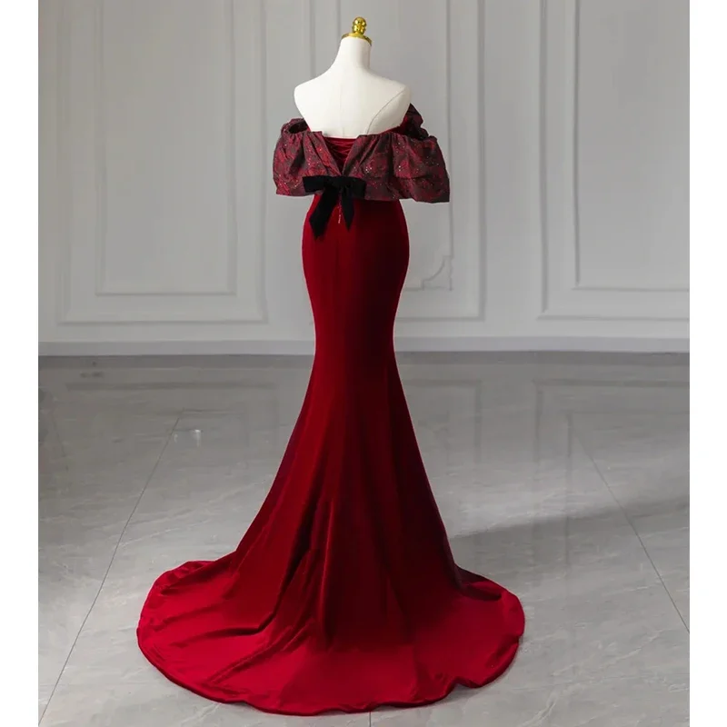 Customized  Wine Red Velour Mermaid Evening Dress Sexy Sweep Train Fishtail Formal Party Gowns for Women Vestidos De Fiesta