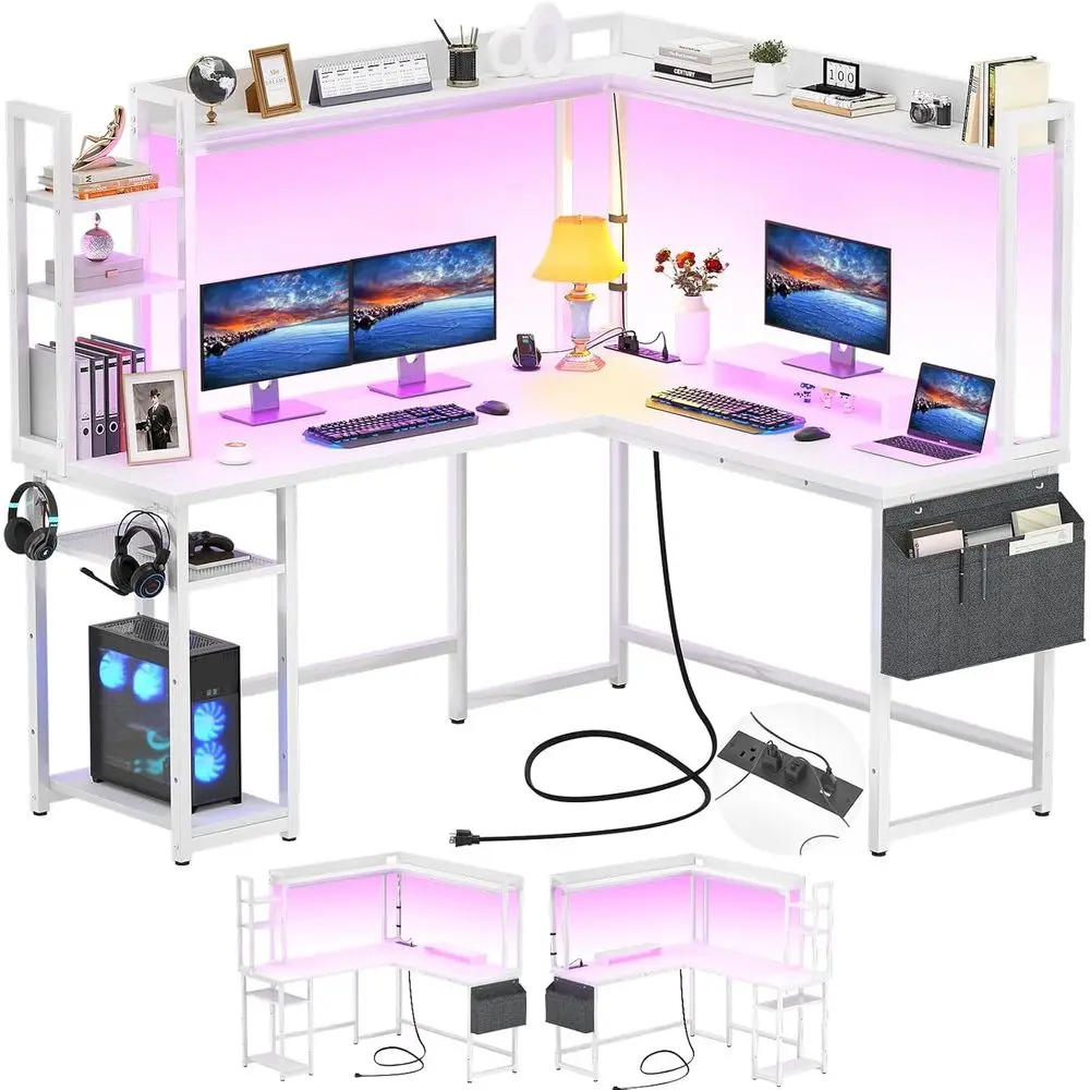 

Угловой компьютерный стол с розеткой, игровой стол с LED-подсветкой и навесной секцией, реверсивный домашний офисный стол, письменный стол для компьютера