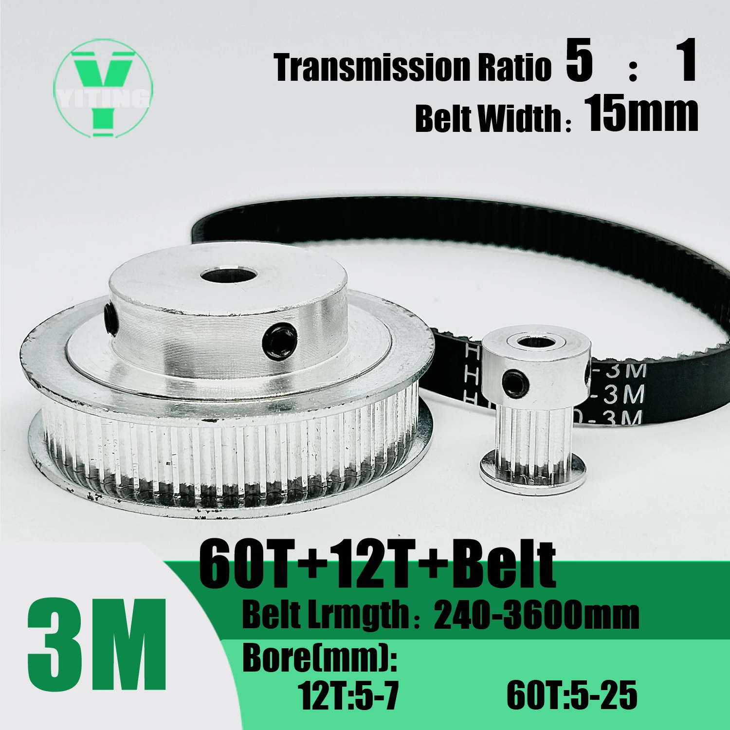 

HTD 3M 12T 60Teeth 60T 12Teeth Timing Pulley Belt Set Belt Width 15mm Bore 5~25mm Reduction 5:1 3M Pulley Kit Synchronous Wheel