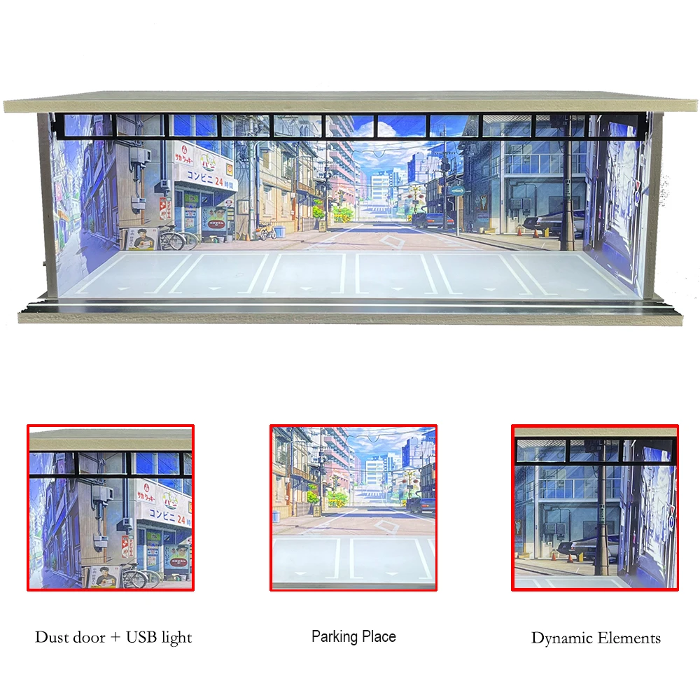 1/64 escala diecast carro garagem diorama modelo caso em miniatura led luz estacionamento garagem diorama kit para carros colecionáveis modelo