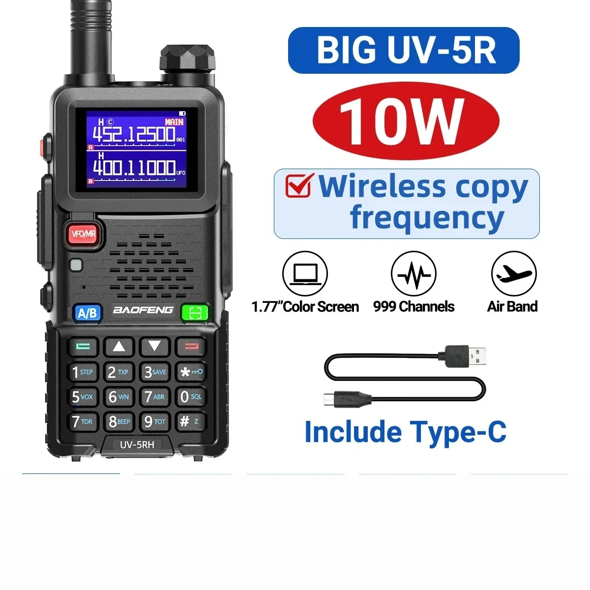 Baofeng UV-5RH 10W Air Band Walkie Talkie Wirless Copy Frequency 999CH Tri-power Type-C USB Long Range UV-5R Ham Two Way Radio