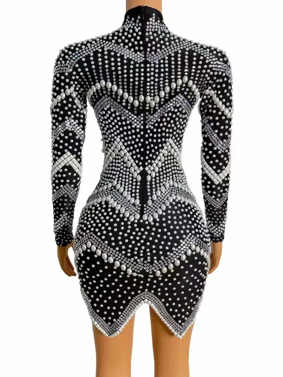 Shining Dovetail Rhinestone Pearl Short Dress For Women Party Birthday Stage Performance Fringe Long Sleeve Drag Queen Costume