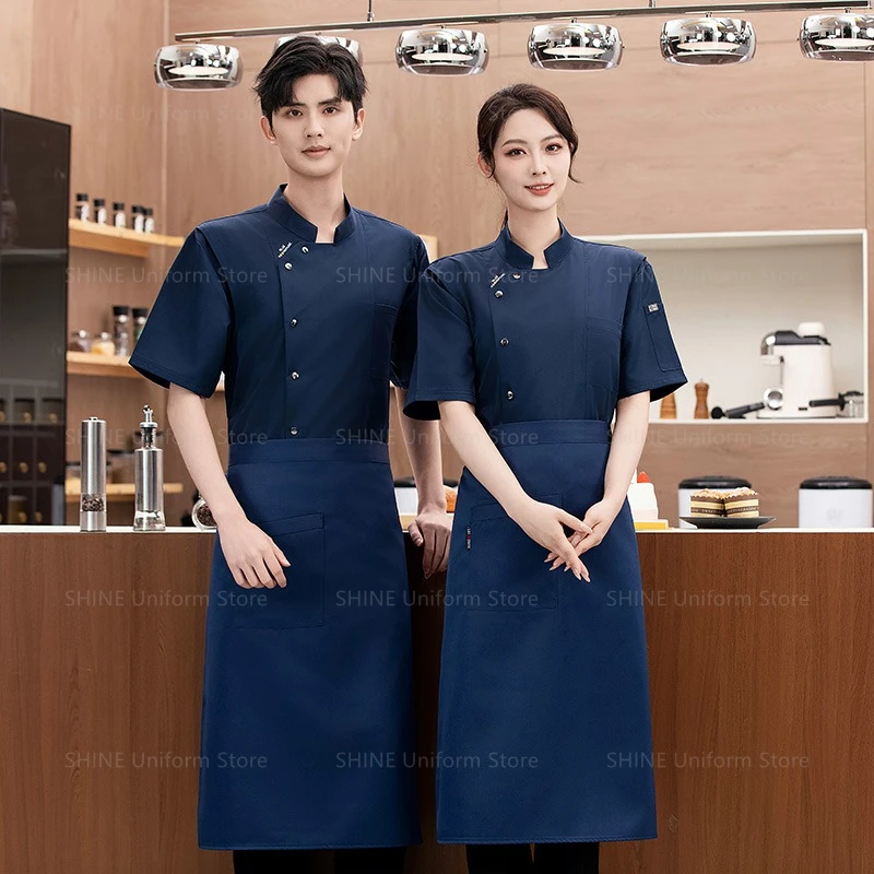 Veste de Chef à manches courtes en maille respirante grise, uniforme de Chef avec tablier, manteau de Chef de cuisine de Restaurant, vêtements de travail, accessoires pour hommes