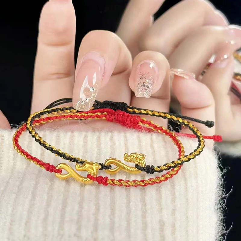 

1pcs Pure 24K Yellow Gold Bracelet For Women 3D Dragon Hook Lover Gift Red String Bracelet 6.3inch Length