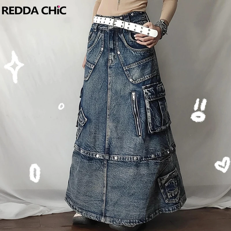 REDDACHiC Distressed Denim Cargo Skirt for Women Y2k Vintage Washed Big Pockets Studded Maxi Long Jeans Skirt Grunge Streetwear