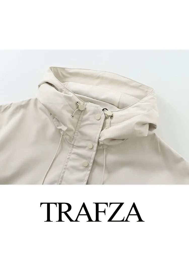 TRAFZA-Casaco elegante com capuz feminino, mangas compridas, bolso, peito único, zíper, casual, cordão, casacos monocromáticos, outono