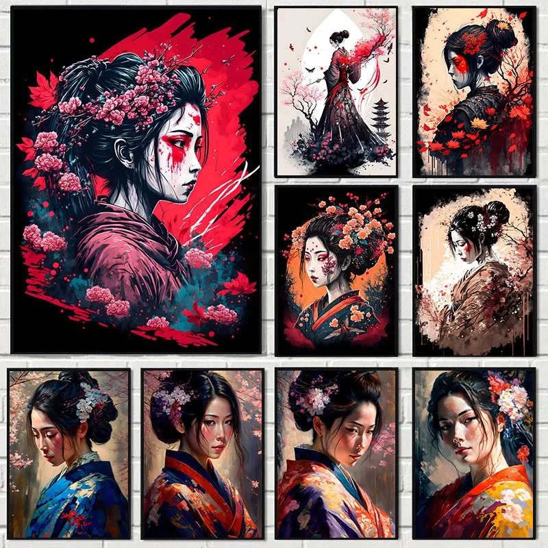 Japanese Geisha Poster Woman Portrait Canvas Painting and Prints Modern Wall Art Pictures for Living Room Home Decoration Gifts