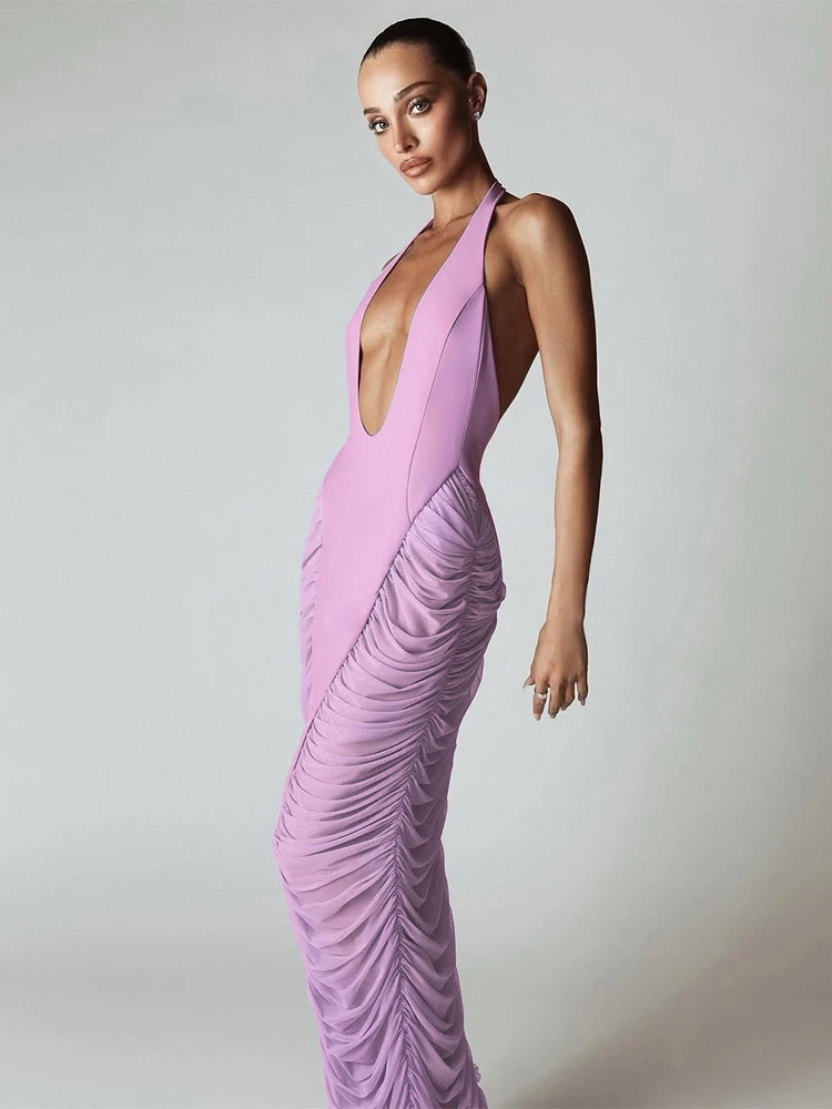 Nibber Halter Mesh Patchwork Maxi Dress Women Deep V-Neck Sexy Backless Midnight Trend Banquet Party Ruched Elegant Vestidos