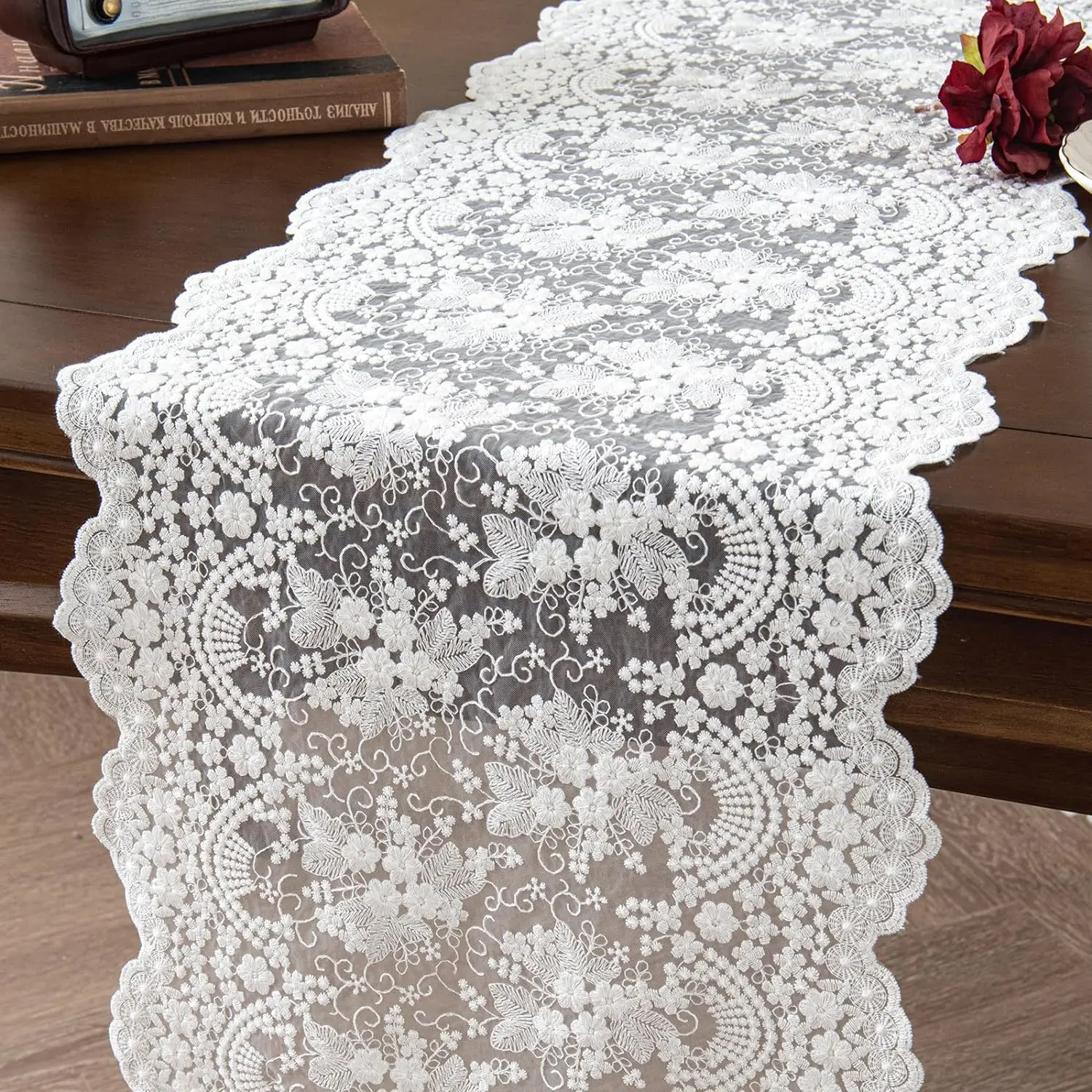 Vintage Lace Floral Table Runner Table cover Lace Tablecloth Hotel Home Boho Birthday Wedding Party Banquet Decor Dust Cover