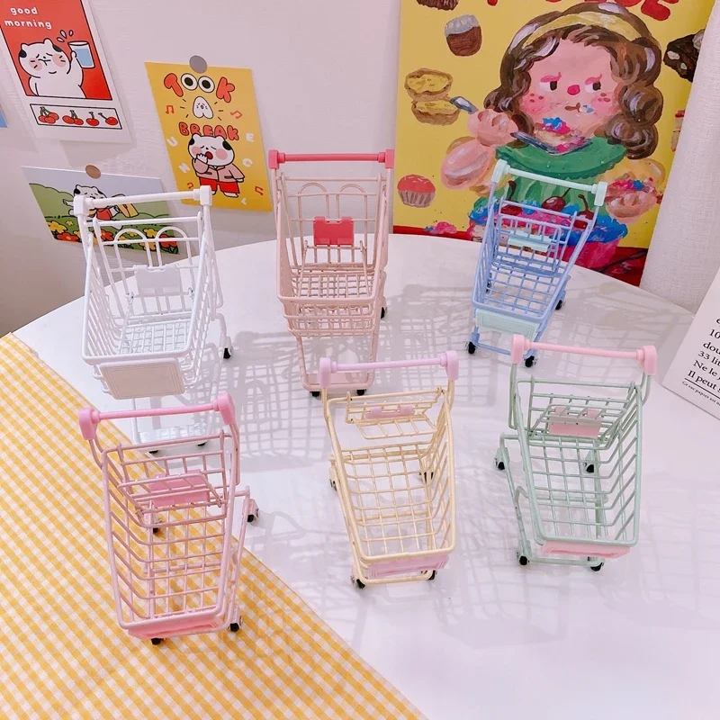 Mini Supermarket Trolley Kawaii Girl Heart Cosmetic Powder Puff Adhesive Tape Storage Photo Prop Desktop Ornaments Decorate Iron