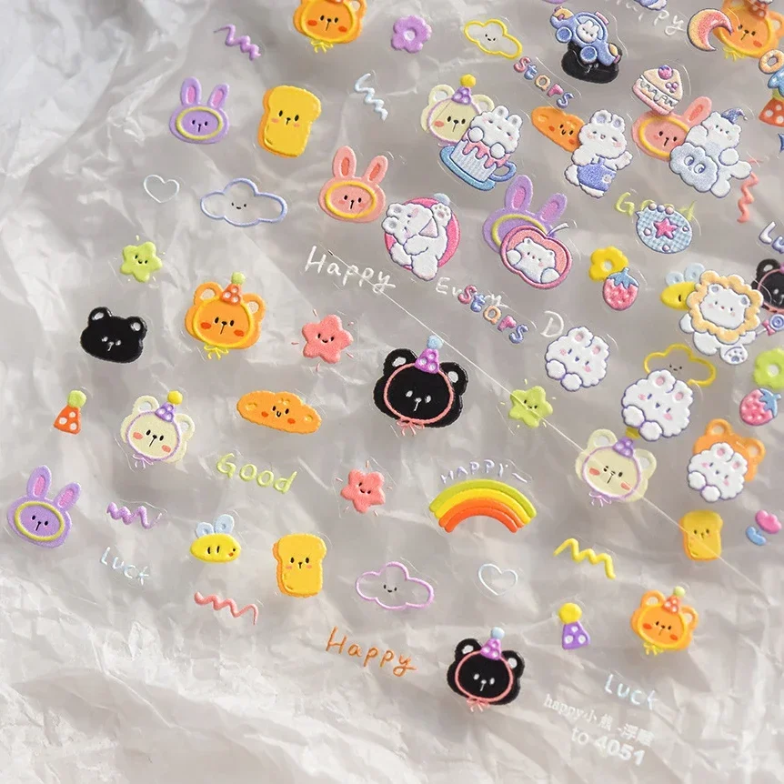 Cute Cartoon Bear Rainbow Rabbit Star Moon Bunny Duckling Heart Letter Embossed Reliefs Adhesive Nail Art Sticker Manicure Decal