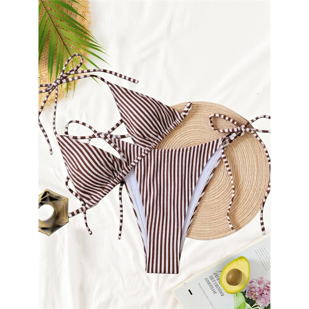 S - XL Gestreifter Neckholder-Bikini, Damen-Badeanzug, zweiteiliges Bikini-Set, hoch geschnittene Beine, Badebekleidung, Badeanzug, Schwimmbekleidung V8527 – Detail 23