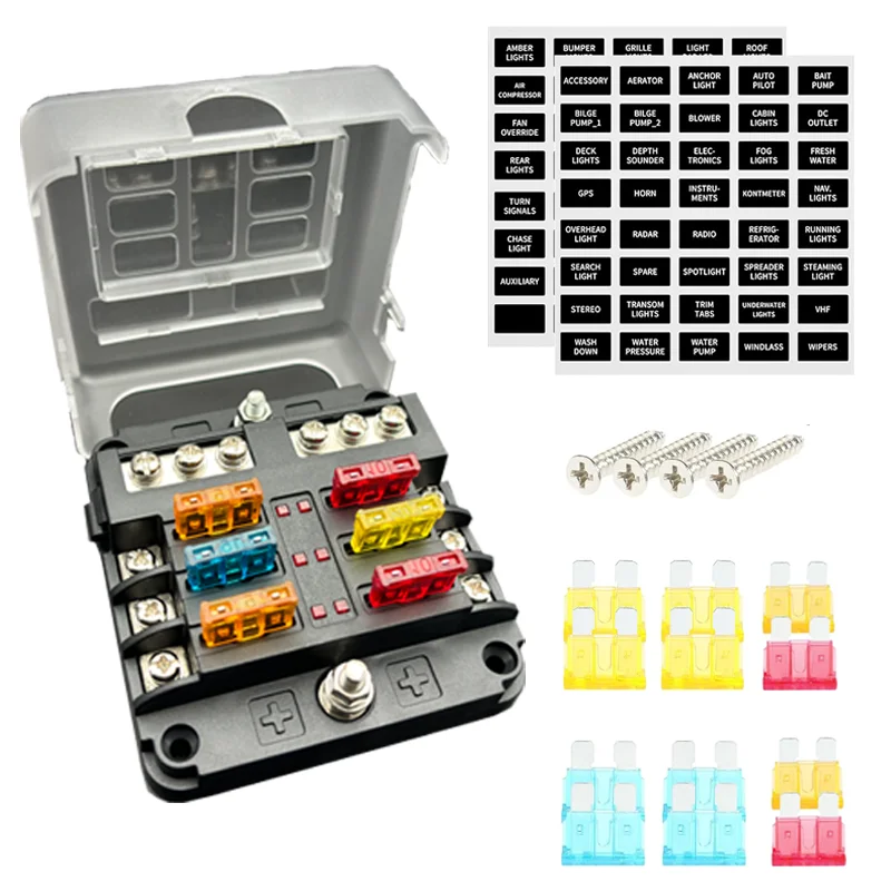

6 Ways Fuse Block With LED Warning Indicator 12V Power Distribution Panel Car Boat Fuse Box Holder With Plastic Cover