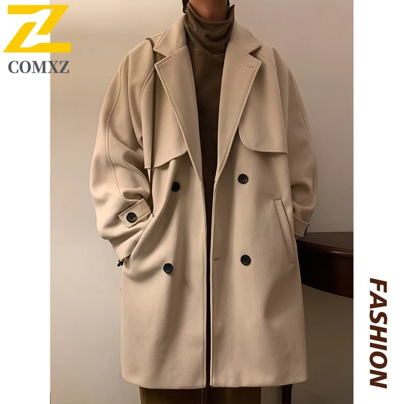 

COMXZ Hong Kong Style Double Breasted Wool Longline Overcoat Unisex Wool Blend Trench Coat Loose Long Waterproof Windproof 2025