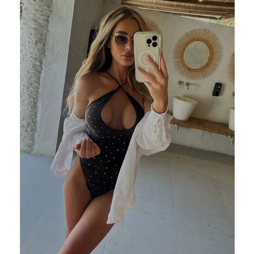 2025 New One piece Swimsuit For Women Push Up Swimwear Diamond Sexy Beachwear Female Backless Bodysuit Solid Bathing Suit